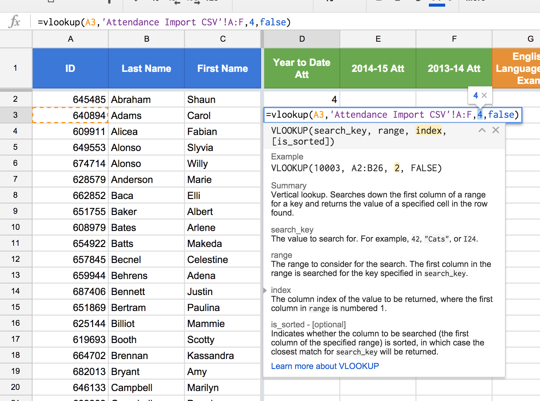 Figure 8: Highlight the index argument, which is 4, in the VLOOKUP() function. Use ctrl+V or cmd+V to paste the MATCH() function as the index argument.