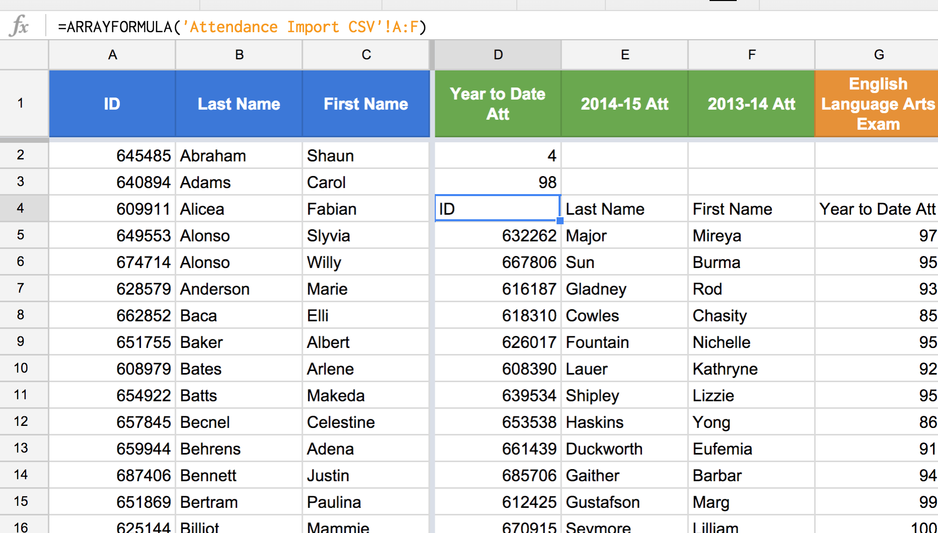 Figure 11: The returned values from the Attendance Import CSV child sheet.