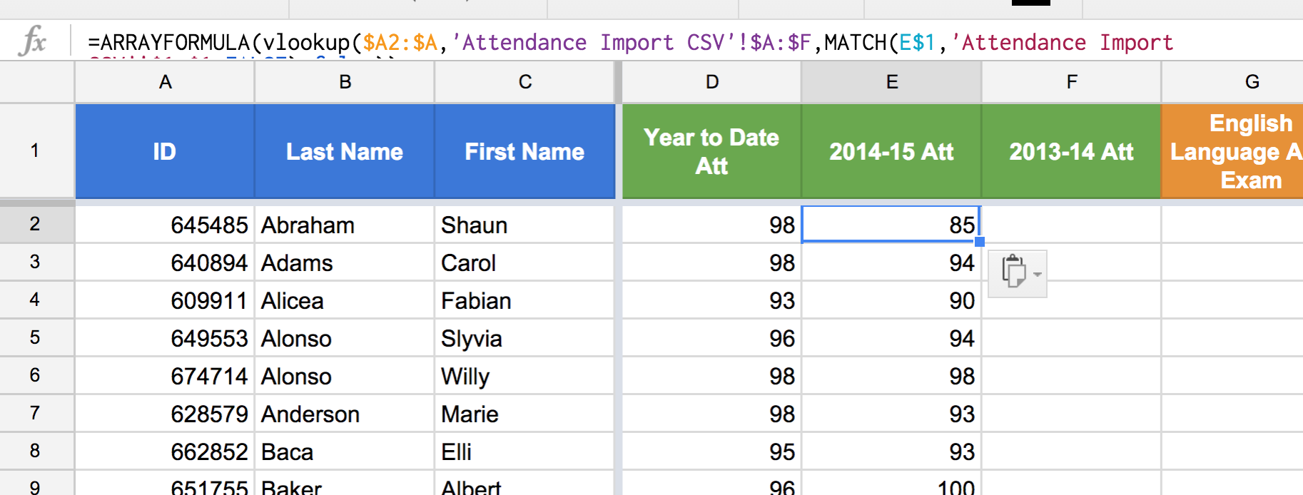Figure 17: Paste the formula from cell D2 into cell E2. Notice how the MATCH() search_key shifted from D$1 to E$1 while all other cell references remained static.