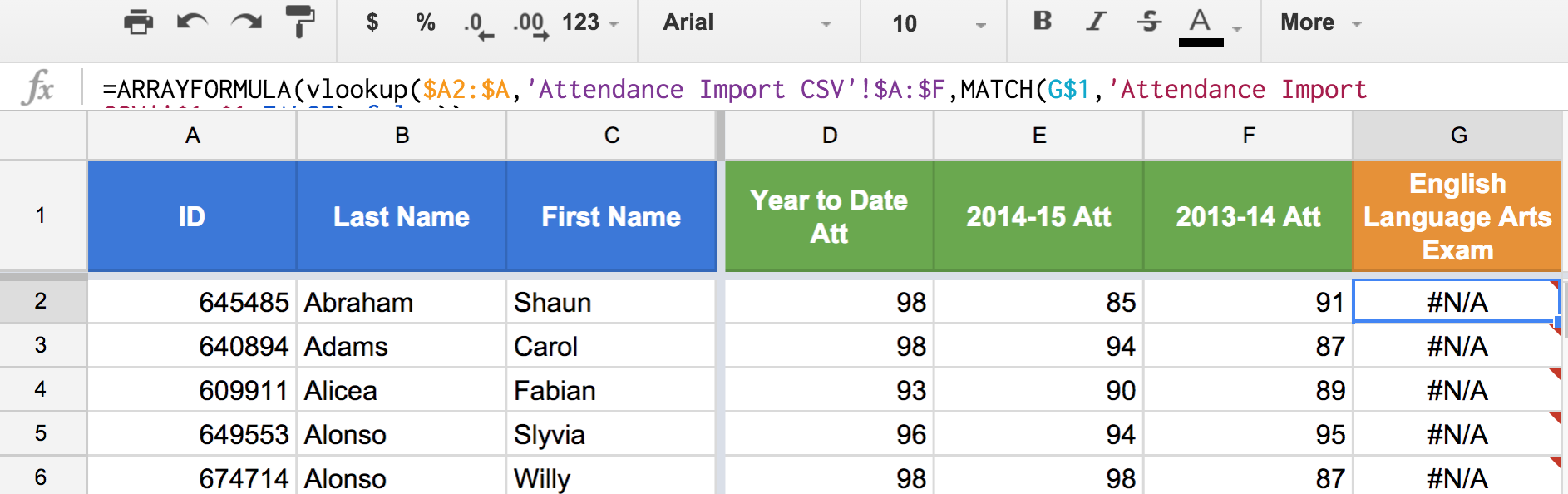 Figure 20: Notice how the copy / paste procedure breaks on column G. The reason for this error is that "English Language Arts Exam" is not a value in the header row of the Attendance Import CSV child sheet. Therefore, the MATCH() function is not able to find an exact match and is returning an error.