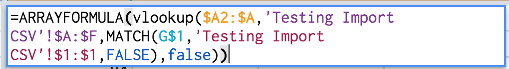 Figure 21: Change the range arguments in the VLOOKUP() and MATCH() functions to reference the ranges containing the English Language Arts Exam data. In this case the child sheet is called "Testing Import CSV"