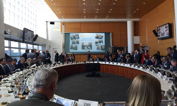 Diplomats, business leaders, World Bank staff, and strategic partners gather just before the inaugural High-Level Assembly of the Carbon Pricing Leadership Coalition. Photograph: Joseph Robertson