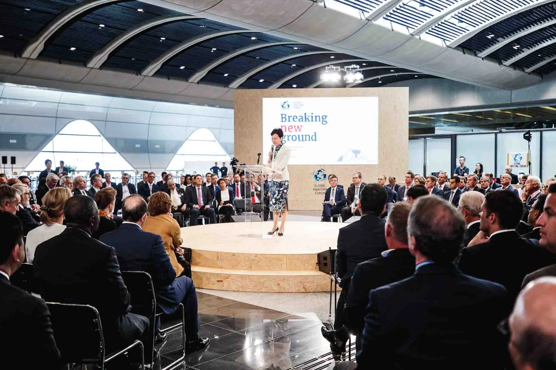 Carrie Lam, Chief Executive of Hong Kong, speaking at the Global Maritime Forum Summit in Hong Kong.