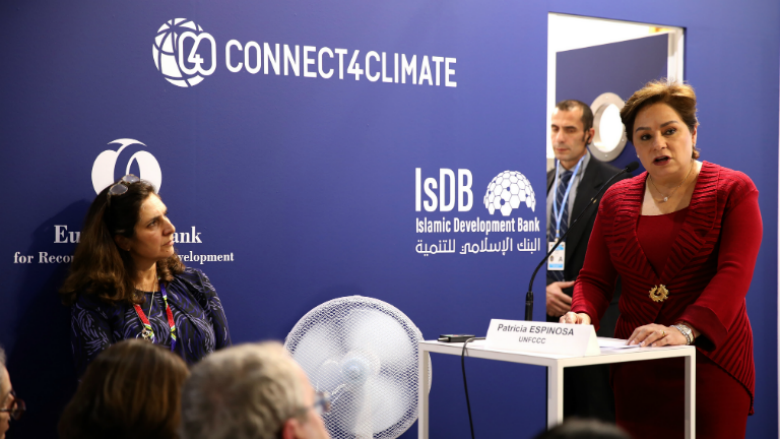 Patricia Espinosa, UNFCCC Executive Secretary, during a speech at the MDB Joint Pavilion. Photo Credits: Kaia Rose, Connect4Climate