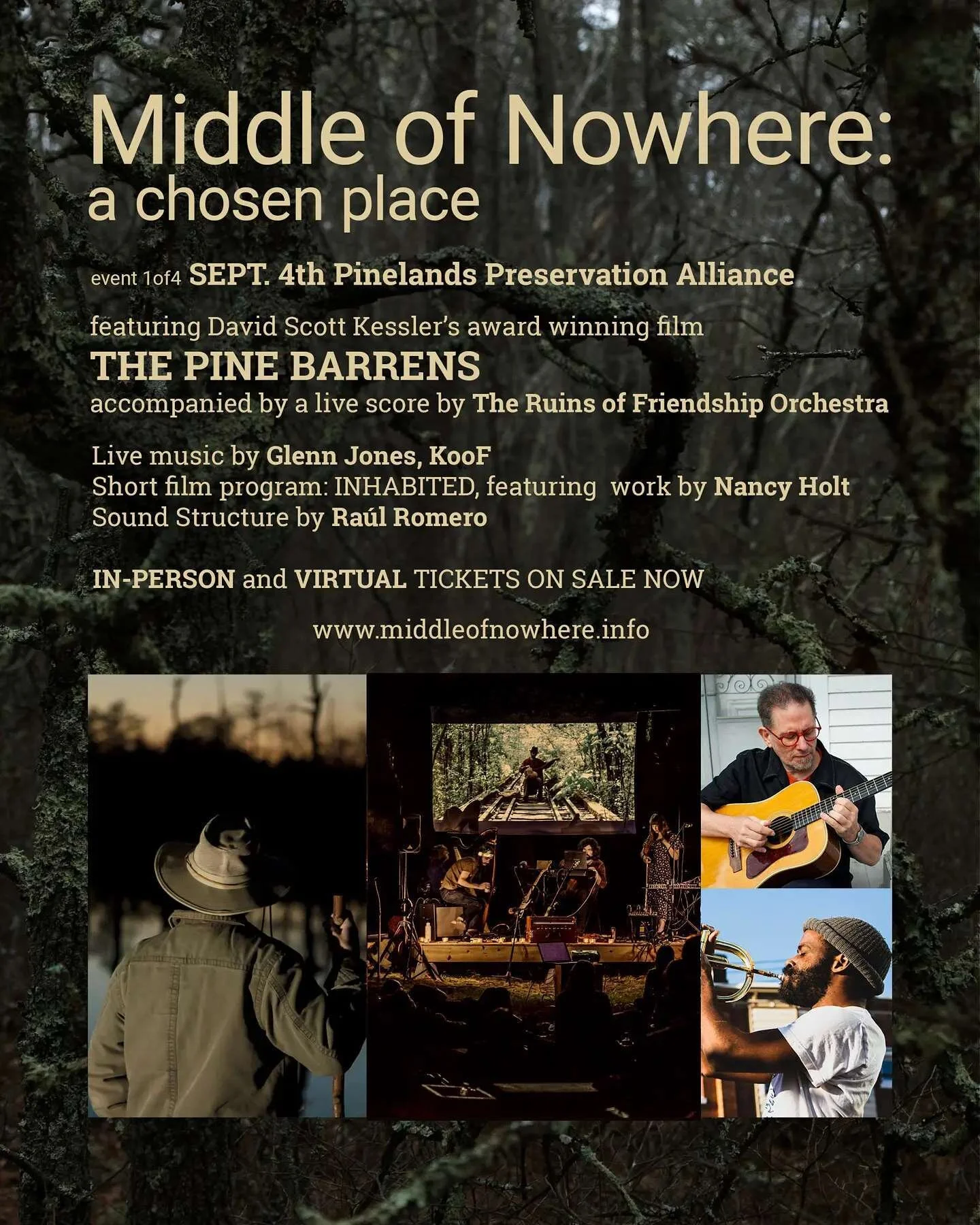 Tickets on sale now for Middle of Nowhere on Sept.4th at Pinelands Preservation Alliance.
We have a full day planned celebrating the natural world and our role in it with music, film, and art. All taking place at the beautiful Bishop Farmstead barn