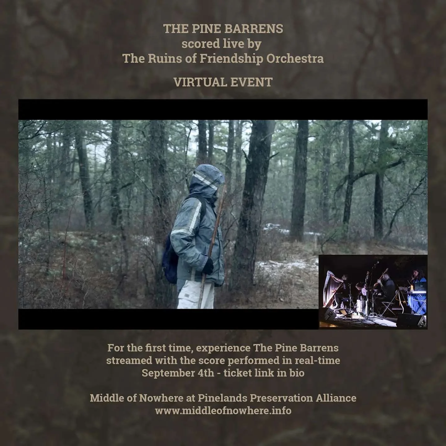 The Virtual Event at Middle of Nowhere
@pinelandsalliance Bishop Farmstead is something we are really excited for!
For the first time we will be live streaming The Pine Barrens in hi-res as The Ruins of Friendship Orchestra perform the score in real