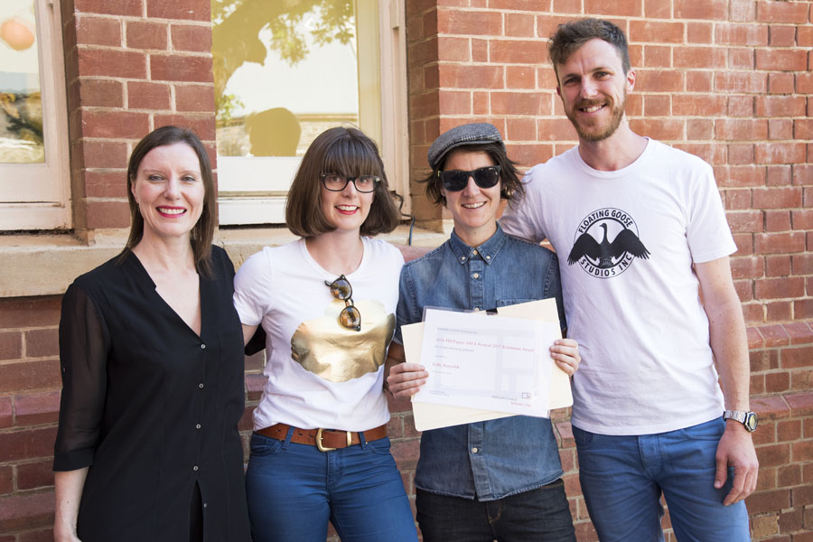 Co-Directors present award at Adelaide Central School of Art award ceremony. L-R: Rachel Kent (Curator MCA), Jenna Pippett (Co-Director), Kelly Reynolds & Luke Wilcox (Co-Director)