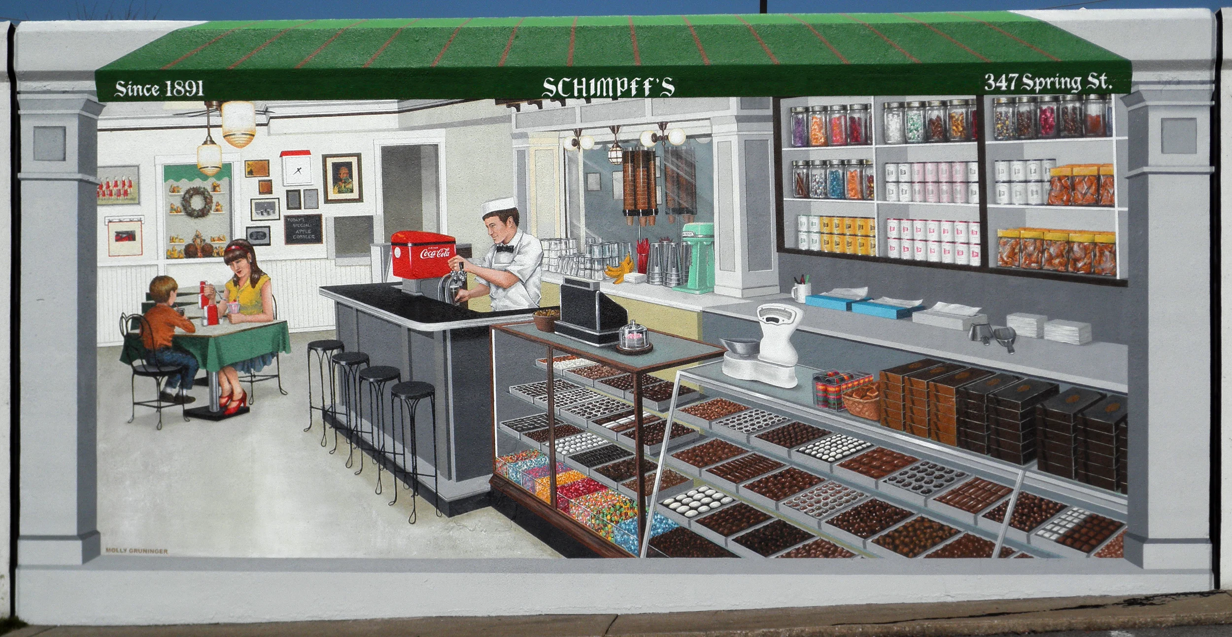 Schimpff's Confectionery. Flood wall mural. Jeffersonville, Indiana, 20'x 10'