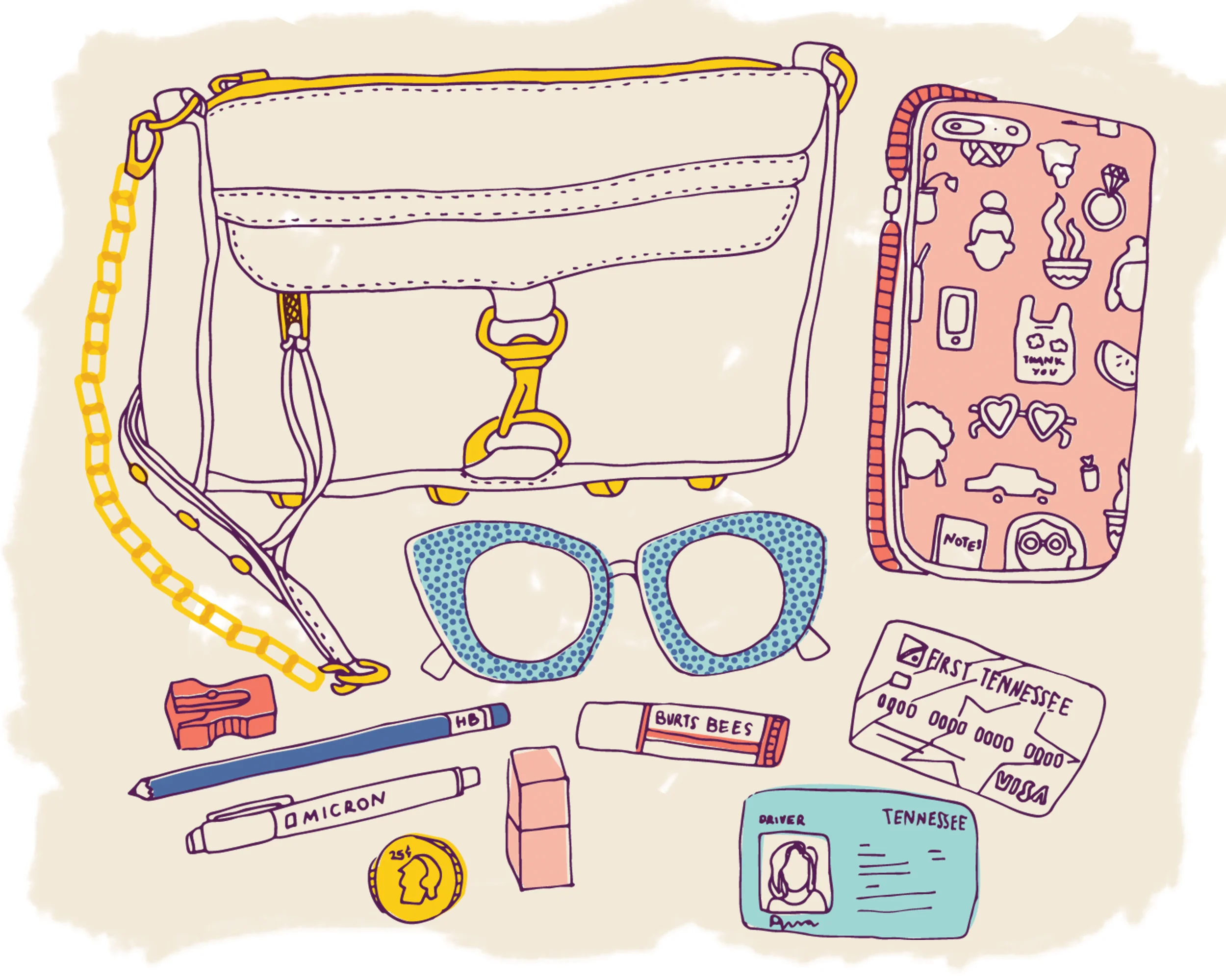 The contents of my purse. || Pen & ink, Illustrator ||