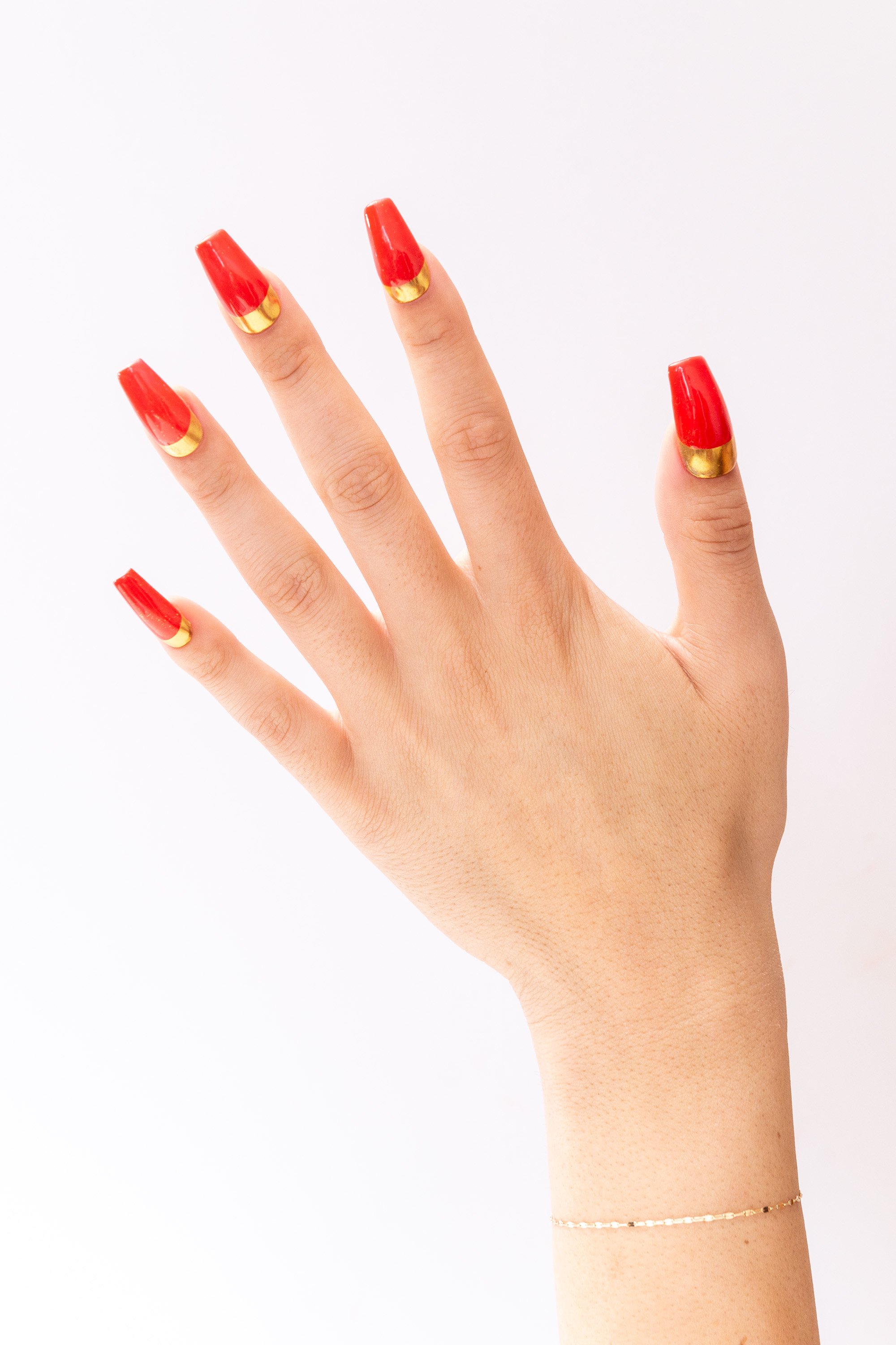 Red with Gold Half Moon Apres Gel-X Press On Nails (Coffin) — VANITY  PROJECTS