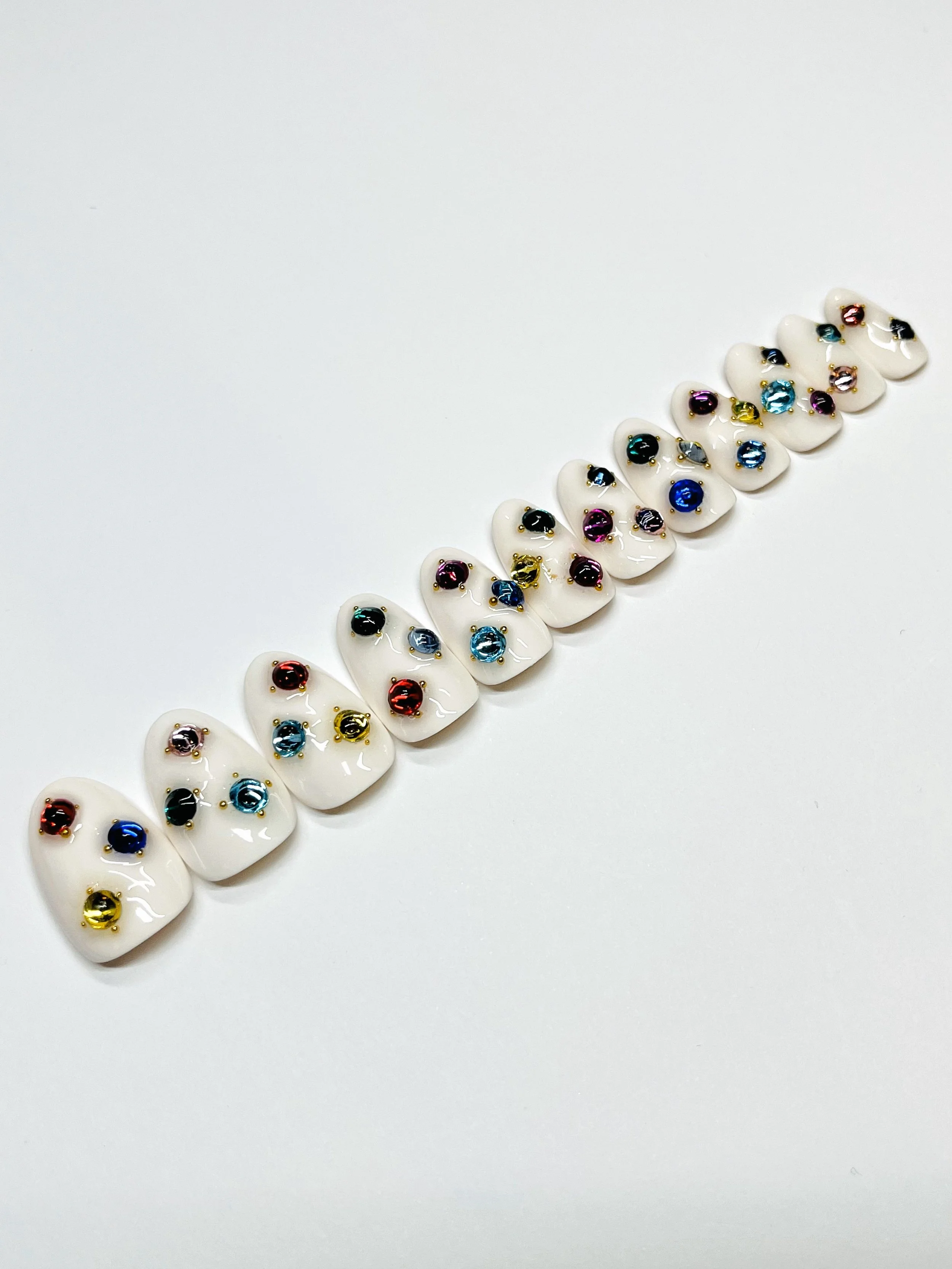 Multi-color Jeweled Apres Gel-X Press Ons (Round Short)