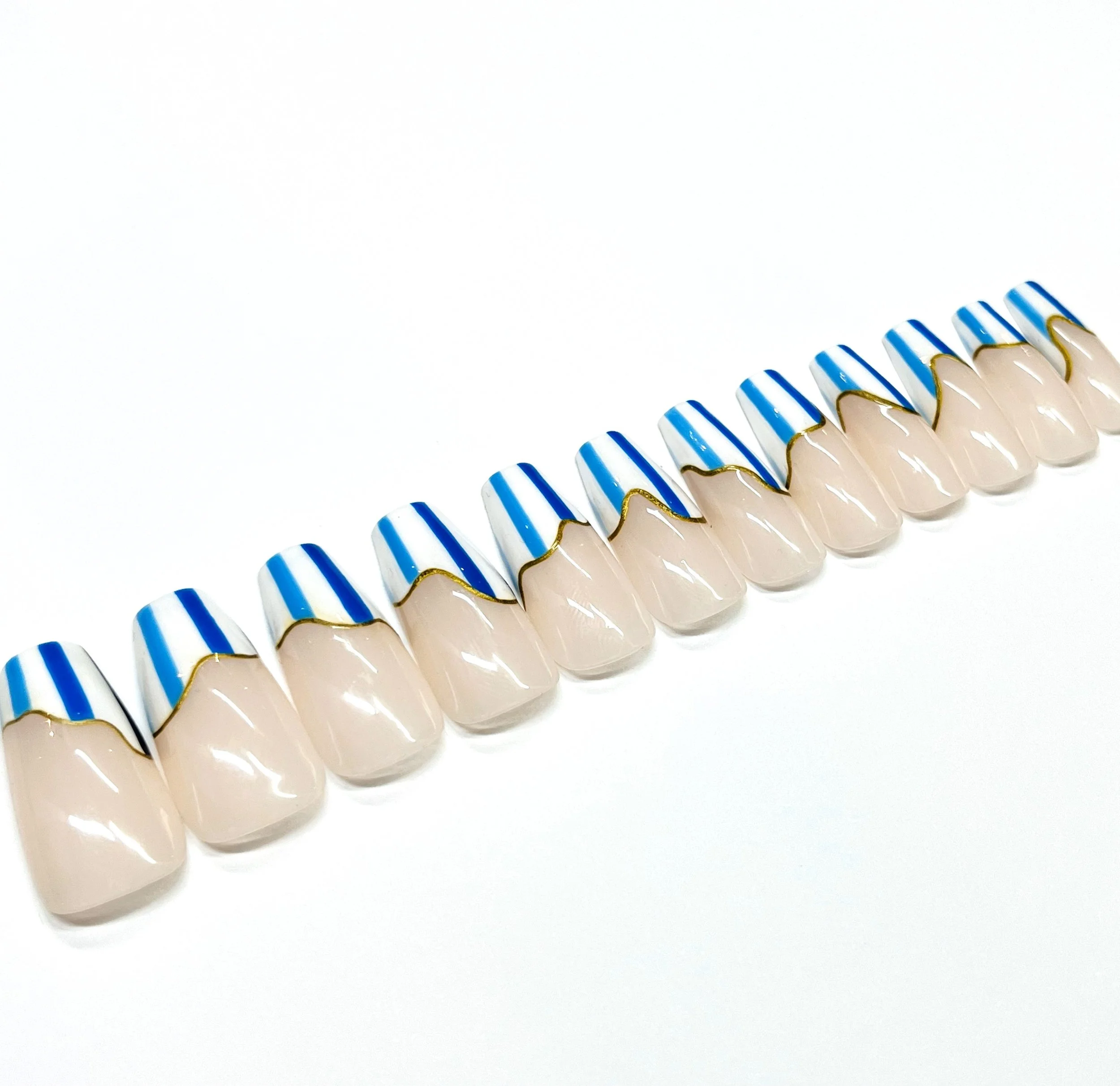 Blue Stripes Apres Gel-X Press Ons (Coffin Long)
