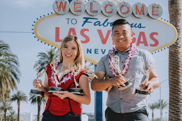 Wearing our Hawaiian lei gifted to us from Tiana&rsquo;s family and posing with our actual Emmy statuettes that have our names on them, three wins for our work together. We waited to open the Emmy boxes with each other this morning at the Las Vegas s