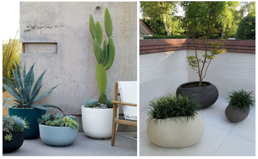 L to R: Naoto Fukasawa for Serralunga cup planters and Organic shaped planters by Mondo Design Make a statement by clustering pots of different sizes, colours and shapes. 