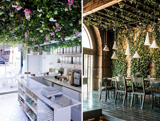 Restaurants as well as retailers can create more engaging experiences through the use of plants. Images via Yellowtrace and Harpers Bazaar . 