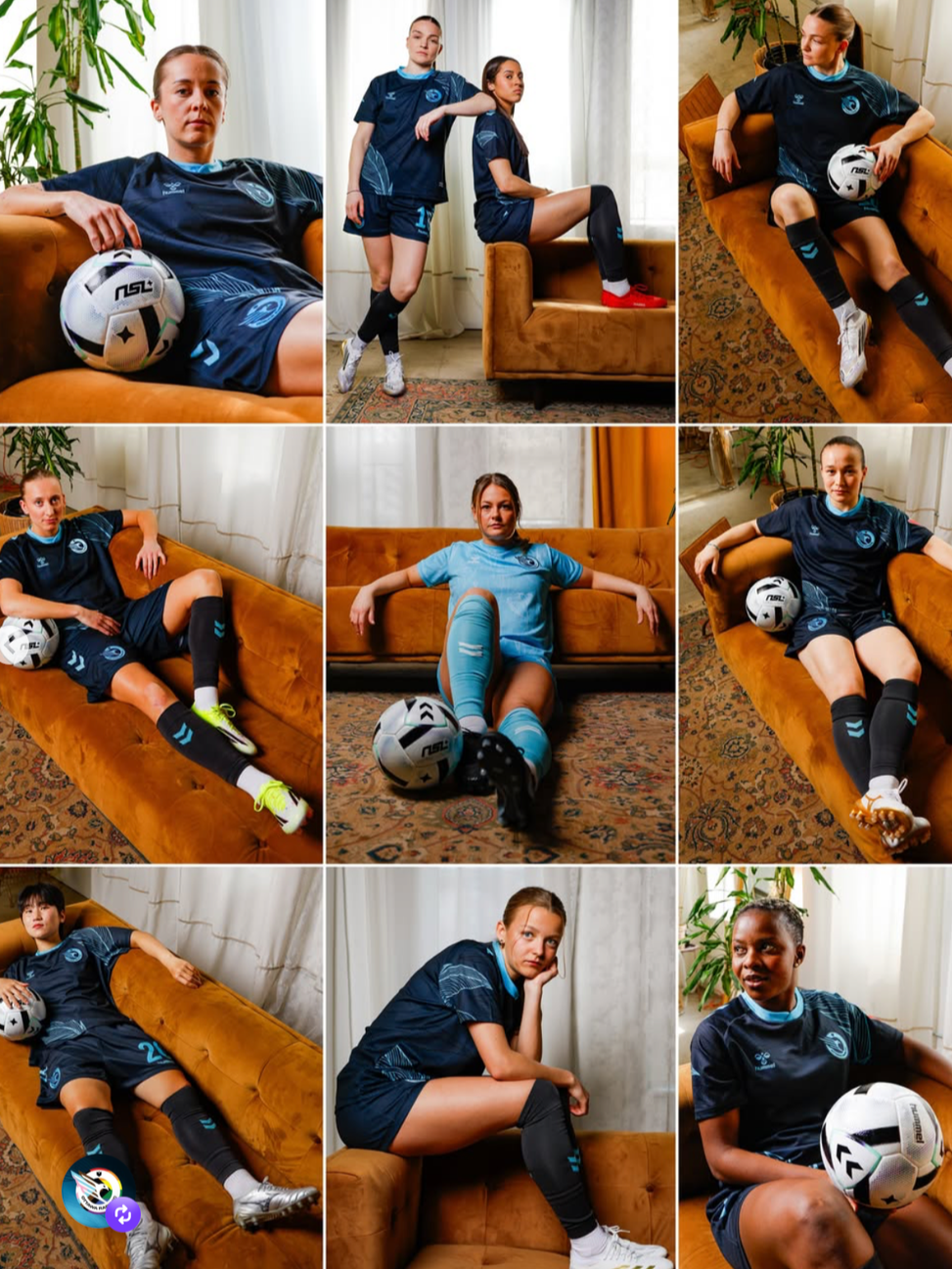 Nine female soccer players in team uniforms posing in various relaxed positions on sofas and chairs indoors, each with a soccer ball.