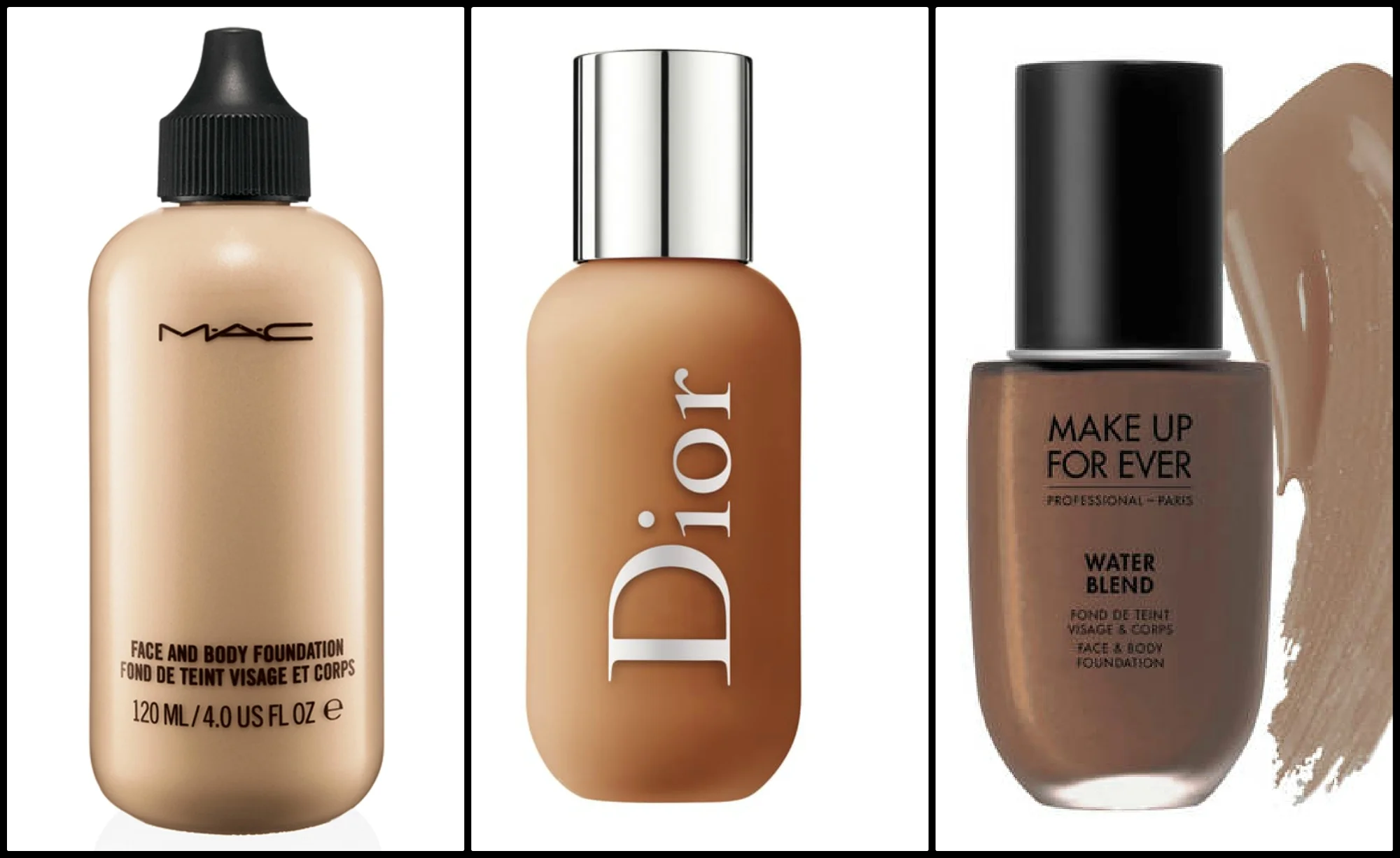 Mac Cosmetics Face and Body Foundation | Dior BACKSTAGE Face &amp; Body Foundation | Make Up For Ever Water Blend Foundation