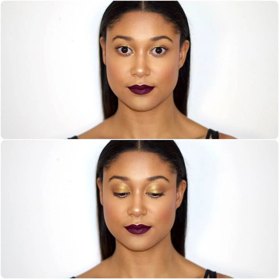 A woman with dark hair, wearing gold eyeshadow and dark lipstick, poses against a plain white background in two different photos, one with her eyes open and one with her eyes closed.
