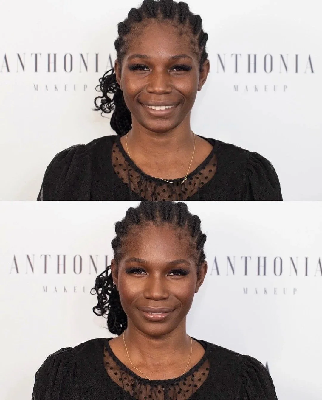 Before and after photos showing a woman with natural hair, makeup, and jewelry, smiling in the top photo and with slightly different makeup and hairstyle in the bottom photo, standing in front of a white background with the text 'ANTHONIA MAKEUP'.
