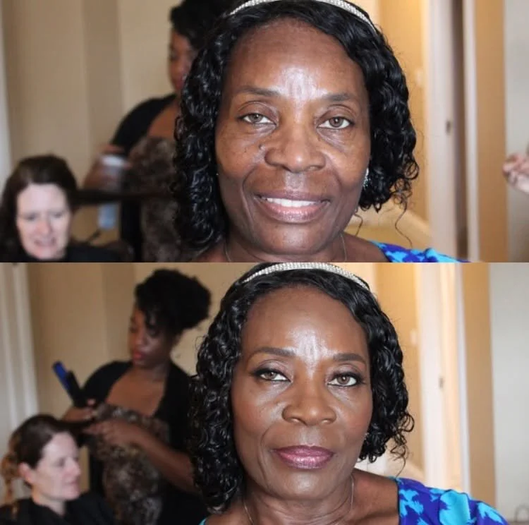A woman with curly black hair and a decorative headband, wearing a blue dress, before and after a makeup session with visible makeup improvements.