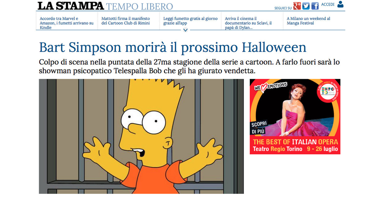 Bart Simpson will die in the next Simpson's serie. 08.06.15