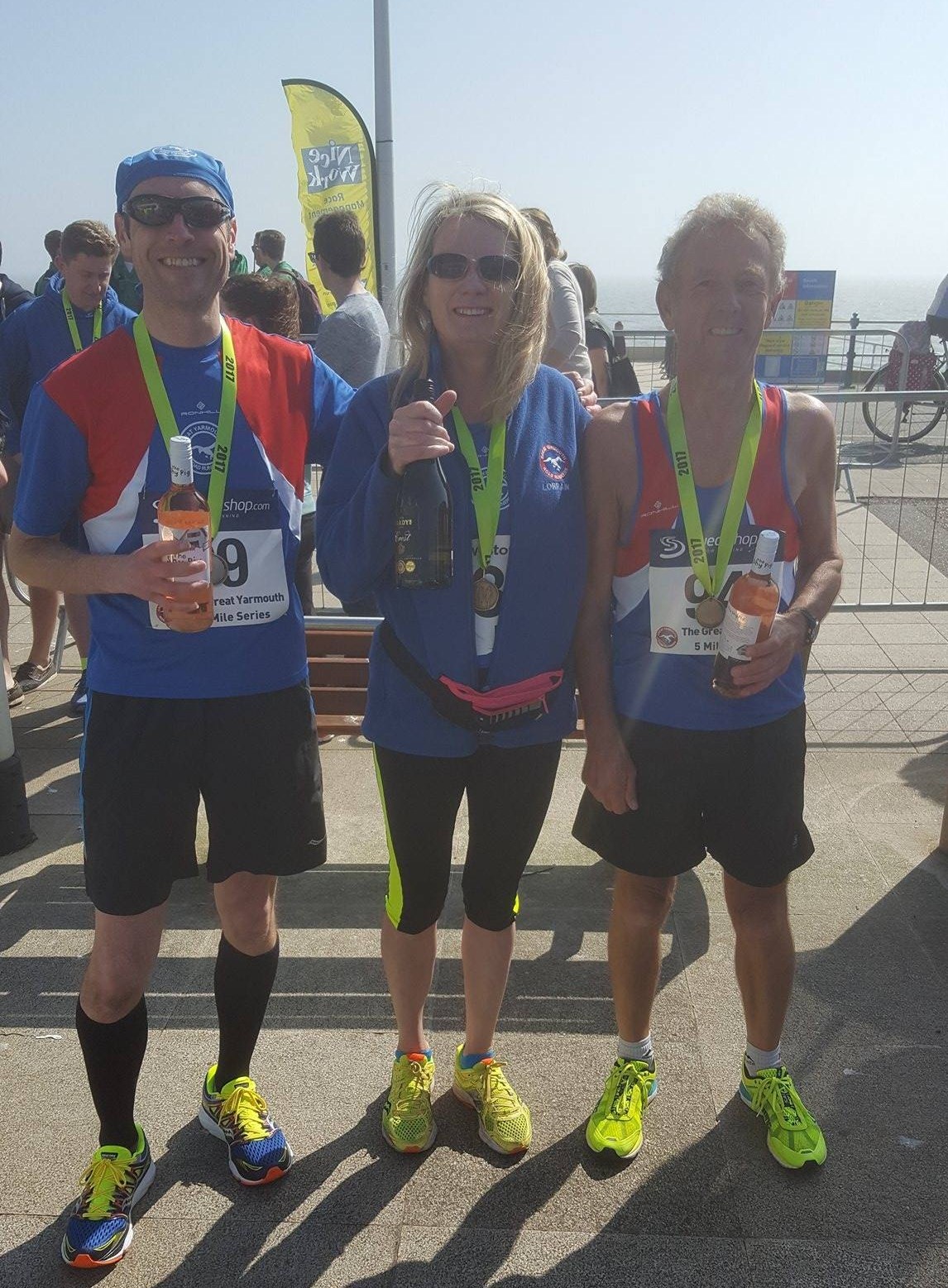 Pleased as punch...hic hic....Simon, Lorrain and John clutching their prizes for winning their age categories.