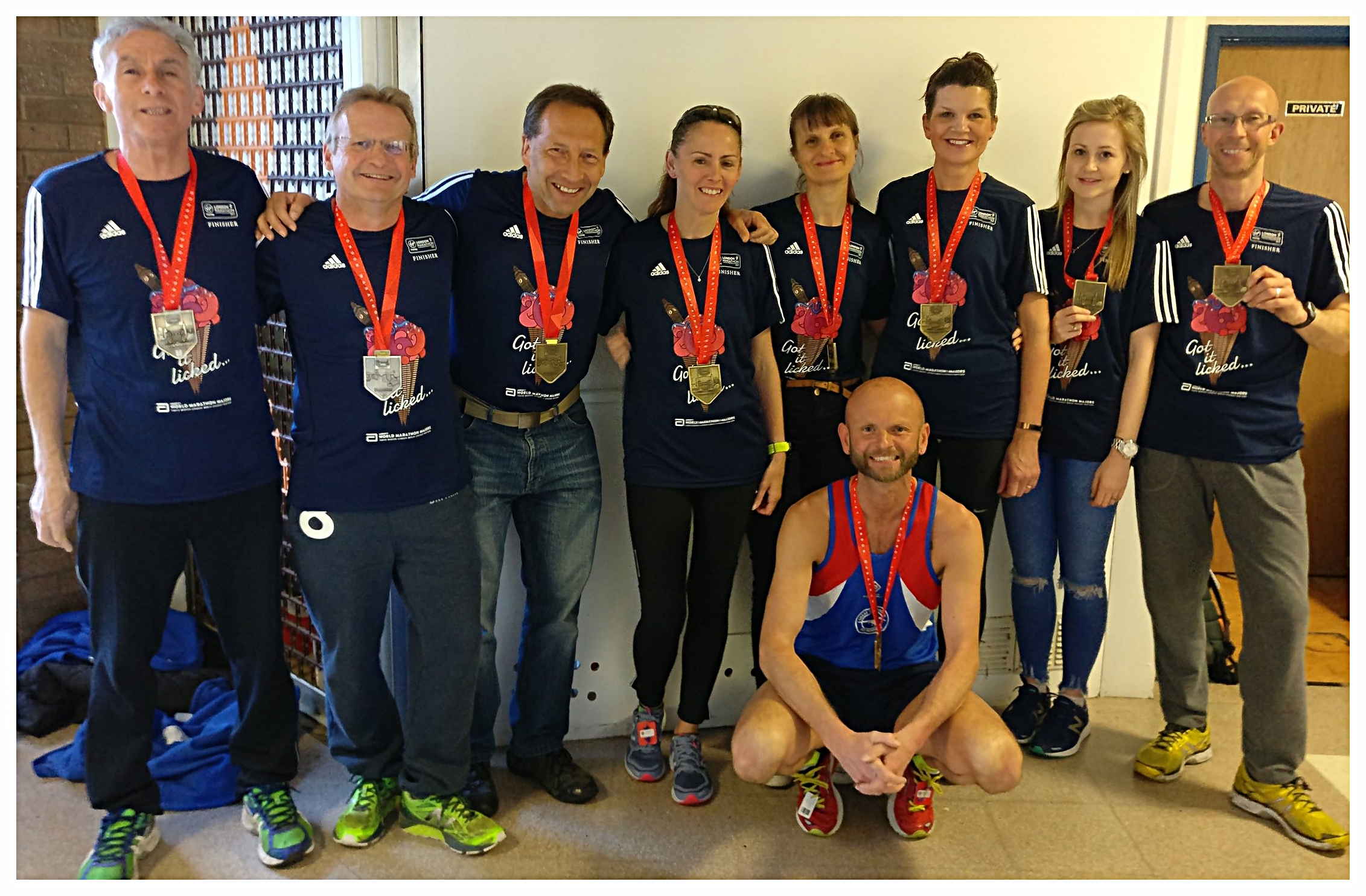 Nicos, Ian, Jeff, Penny, Vicky, Nicki, Jess, Neil and Mark (straight back on the training) Stone showing off their VLM medals.