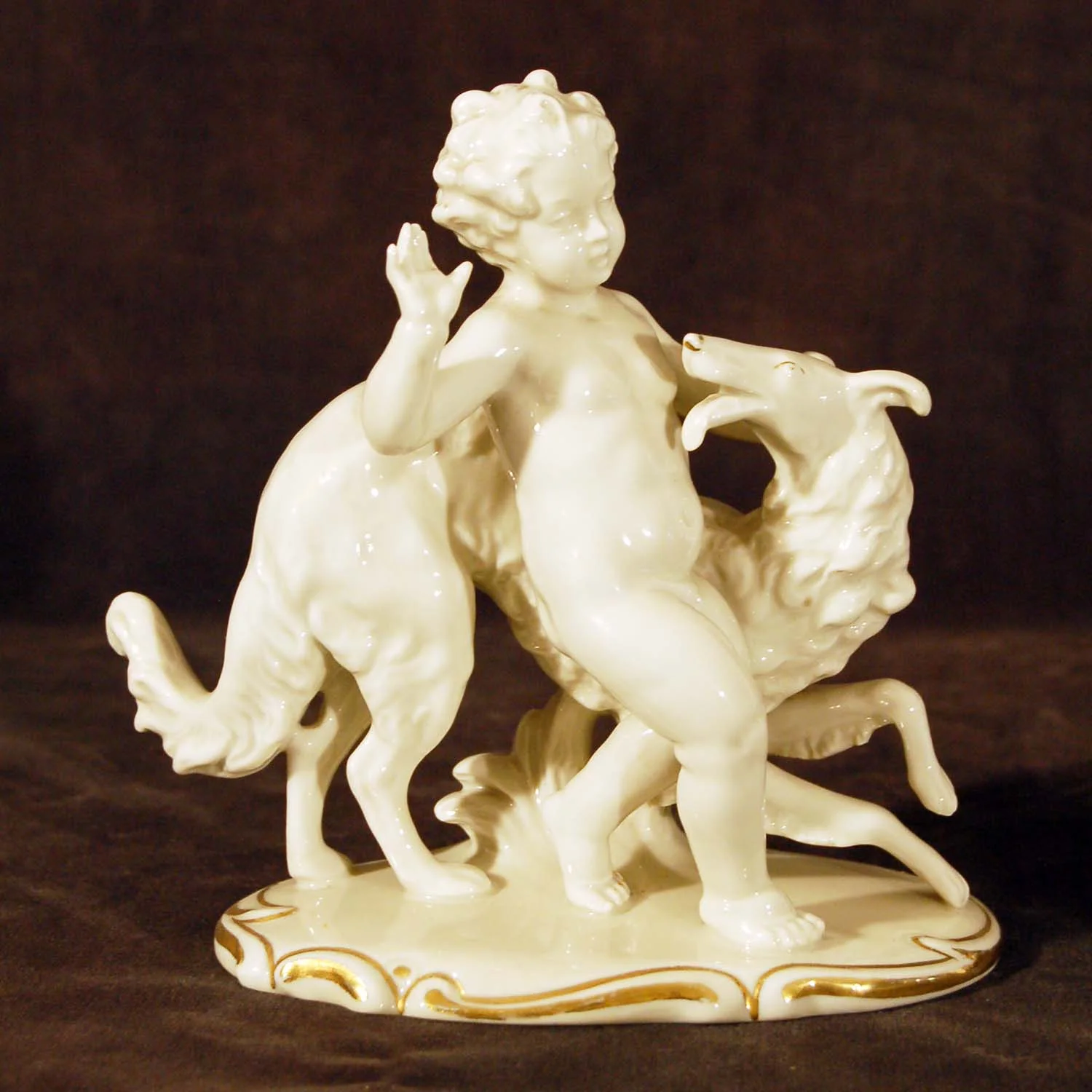 Porzellangruppe Junge mit Windhund, Marke: Schaubach, Höhe ca. 15cm