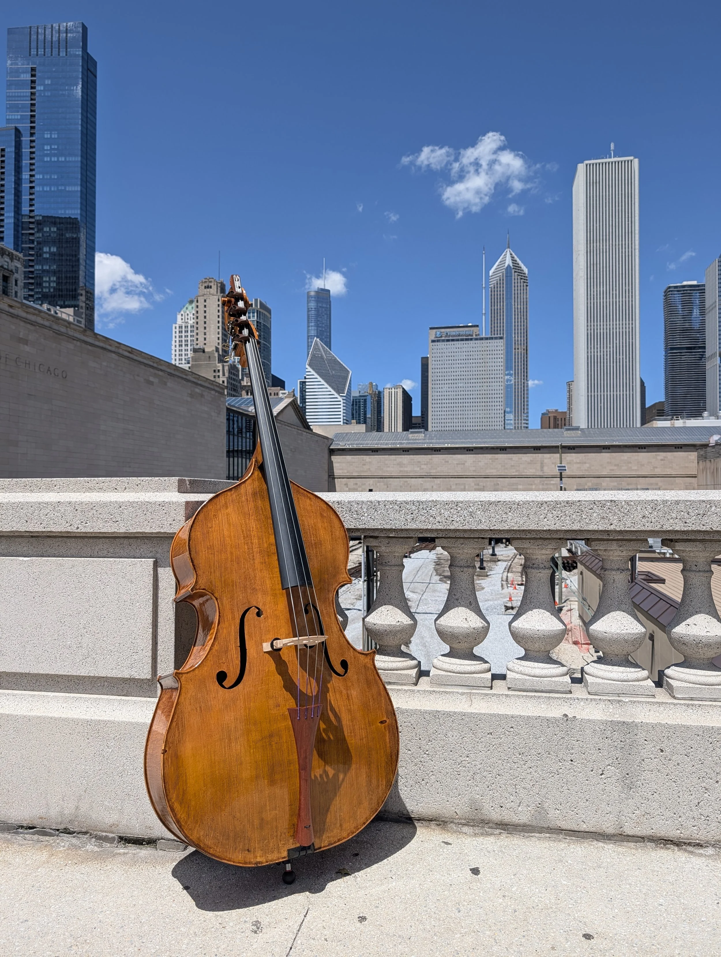 Double Bass in front of the Chicago skyline