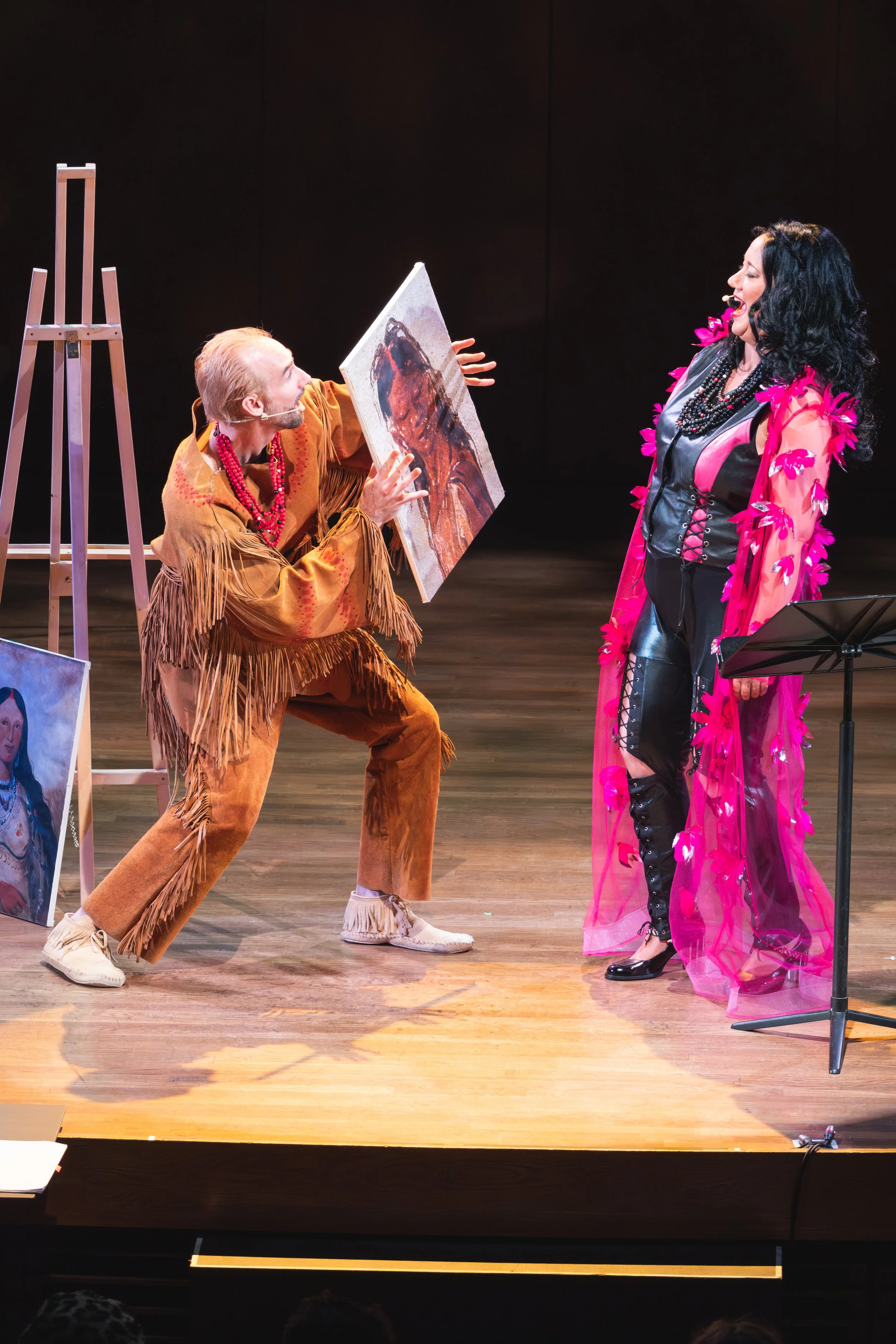 Laurent Bergeron as The Painter; Marion Newman as Miss Chief Eagle Testickle, Montréal, 2025 - Salle Bourgie