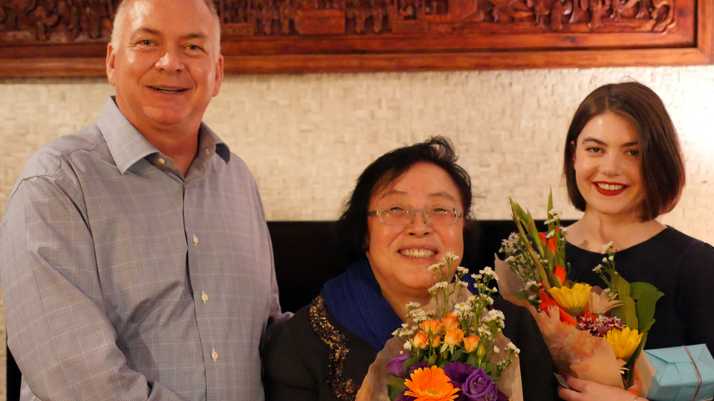 From Left to Right: Arirang Institute Board Representative Dan Wilson; Professor Cho; Arirang Instiute Finance Director Maeve Wilson; © 2015 박준규