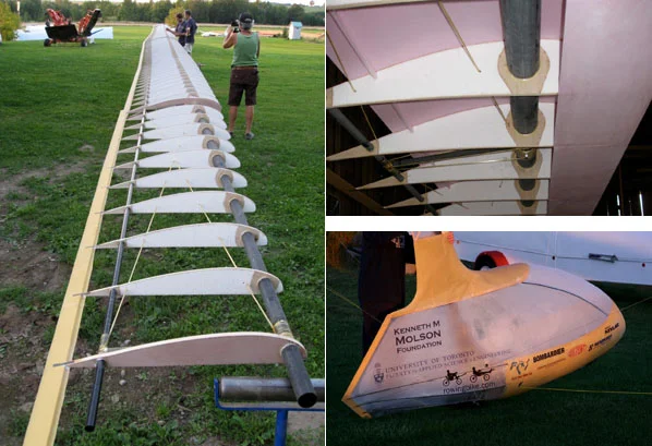 Secondary structure. Left: Complete wing with ribs and trailing edge. Top Right: Addition of the foam leading-edge sheeting to the wing structure. Bottom Right: Fuselage fairing with yellow Kevlar shells on the top and bottom, carbon and balsa rib structure and Mylar covering.
