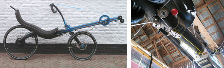 (Left to Right) Linear drive system on the Thys Rowingbike. Drive system as seen from the bottom of the aircraft with 2:1 pulley and lines going out to each wing.