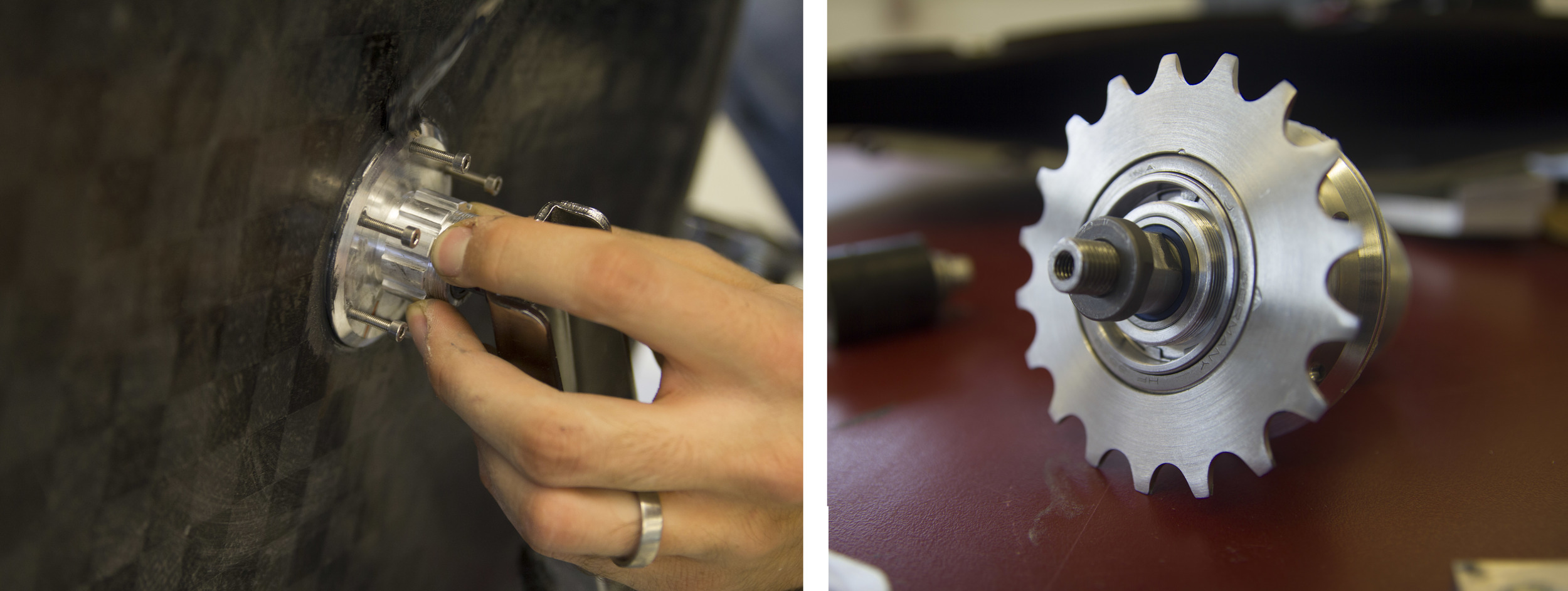 (Left) Hub installation with jacking screws used to true the wheel. The spline feature allows either the cog for the drive chain for the front wheel (Right), or an adapter to attach a disk brake for the rear wheel.