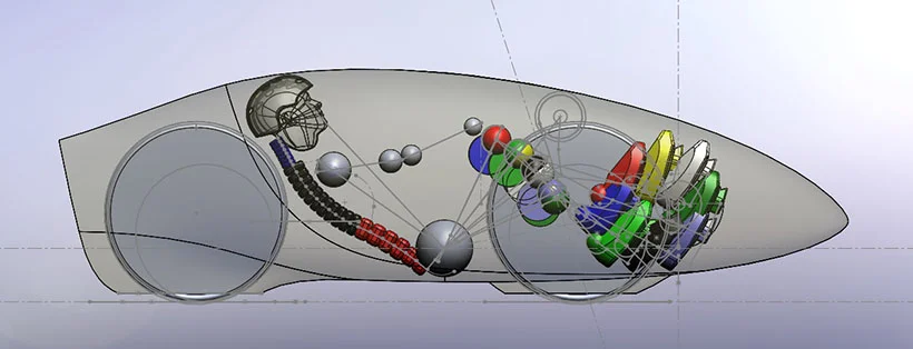 Layout of the new bike, showing pilot position and wheels, with sketches of the steering axis and intermediate drive location.