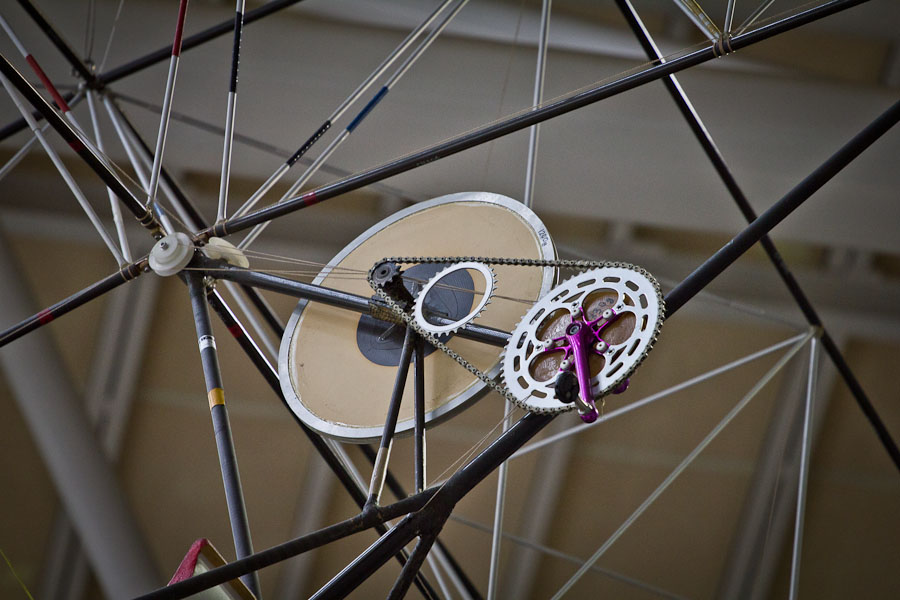 The right hand side of the drive system using a modified chainring for a tensioner.