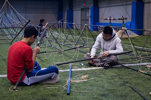 Aakash and Simon putting the truss back together.