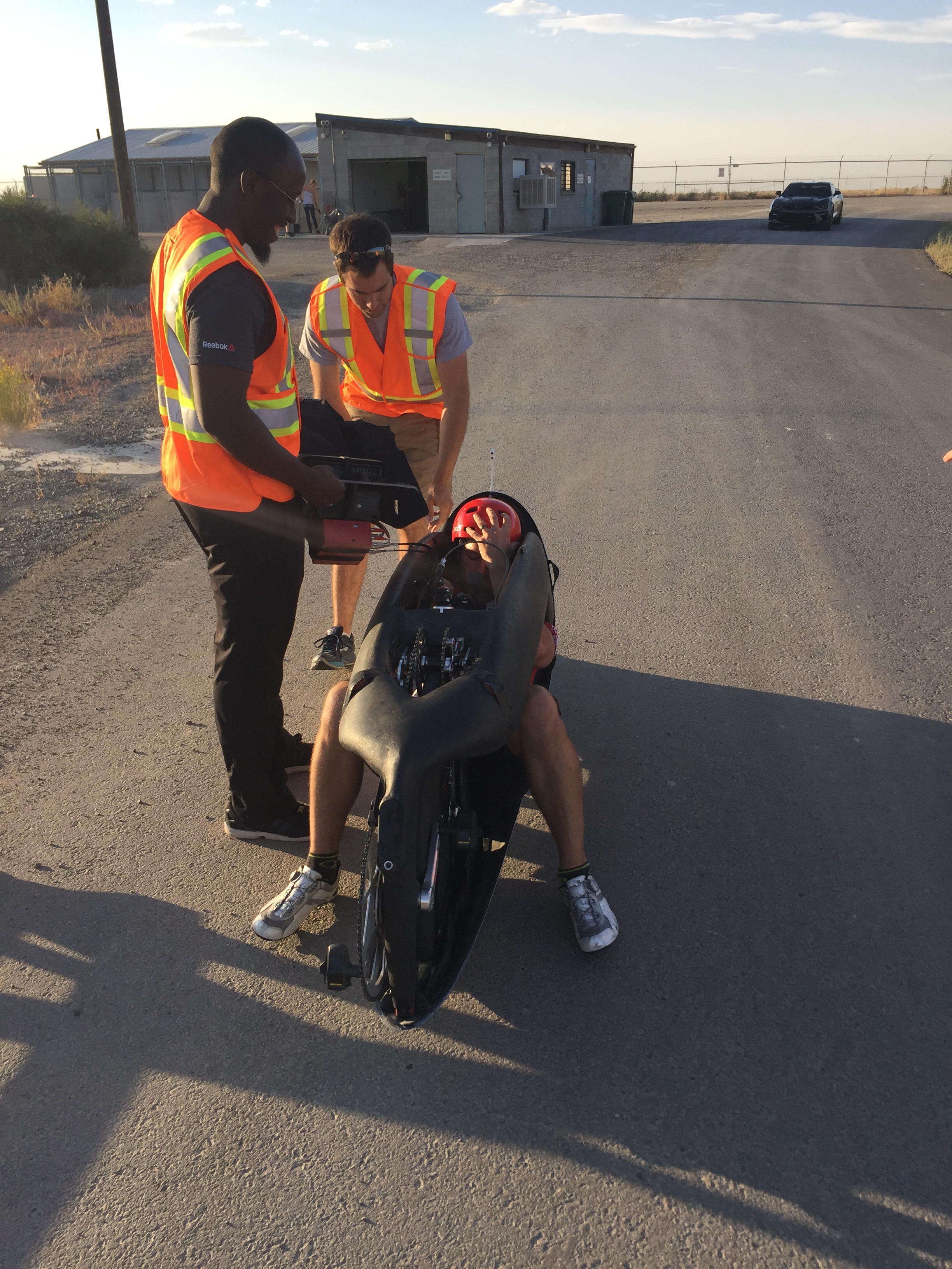Cameron and Mike getting ready to test a new steering configuration on a side road just outside of town.