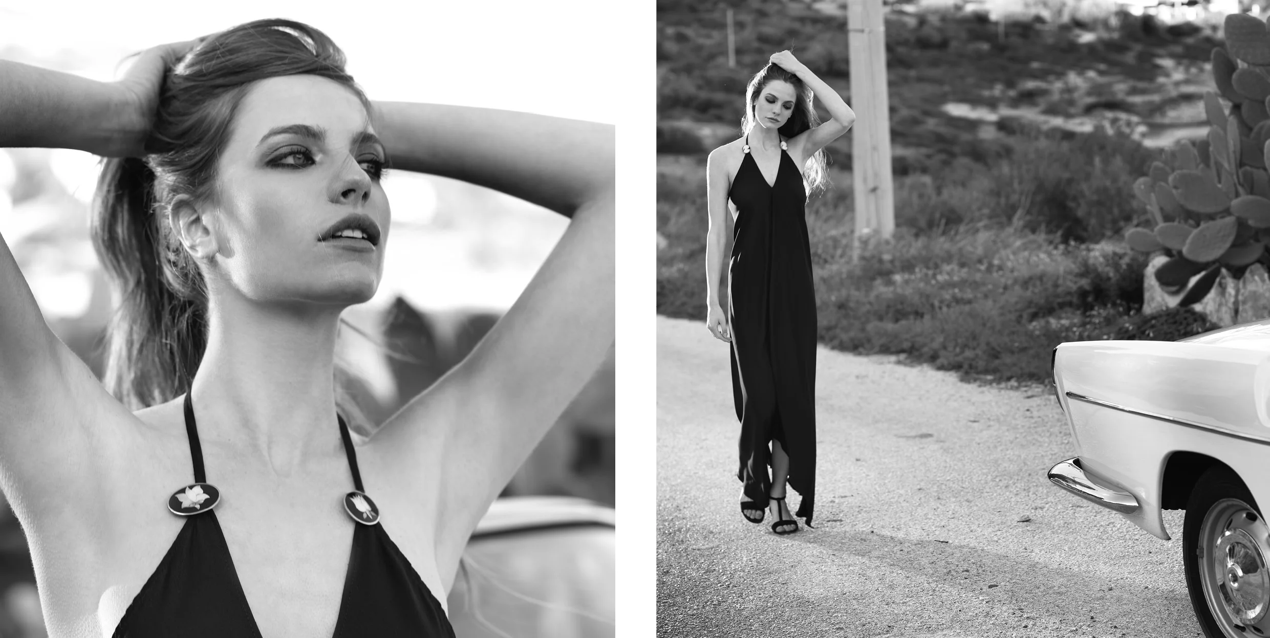 “Phaedra” dress. 100% Polyester crepe satin, asymmetric halter tie up dress floor length. Limited edition styled with vintage jewellery and a back lace detail. Jewellery is removable and the lace can be unbuttoned for a naked back look.