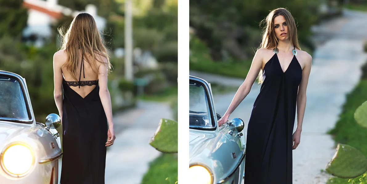 “Phaedra” dress. 100% Polyester crepe satin, asymmetric halter tie up dress floor length. Limited edition styled with vintage jewellery and a back lace detail. Jewellery is removable and the lace can be unbuttoned for a naked back look. Black (C400)