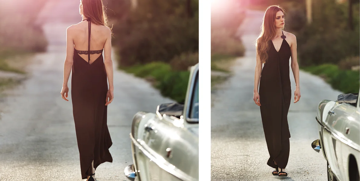 “Phaedra” dress. 100% Polyester crepe satin, asymmetric halter tie up dress floor length. Limited edition styled with vintage jewellery and a back lace detail. Jewellery is removable and the lace can be unbuttoned for a naked back look. Brown (C401)