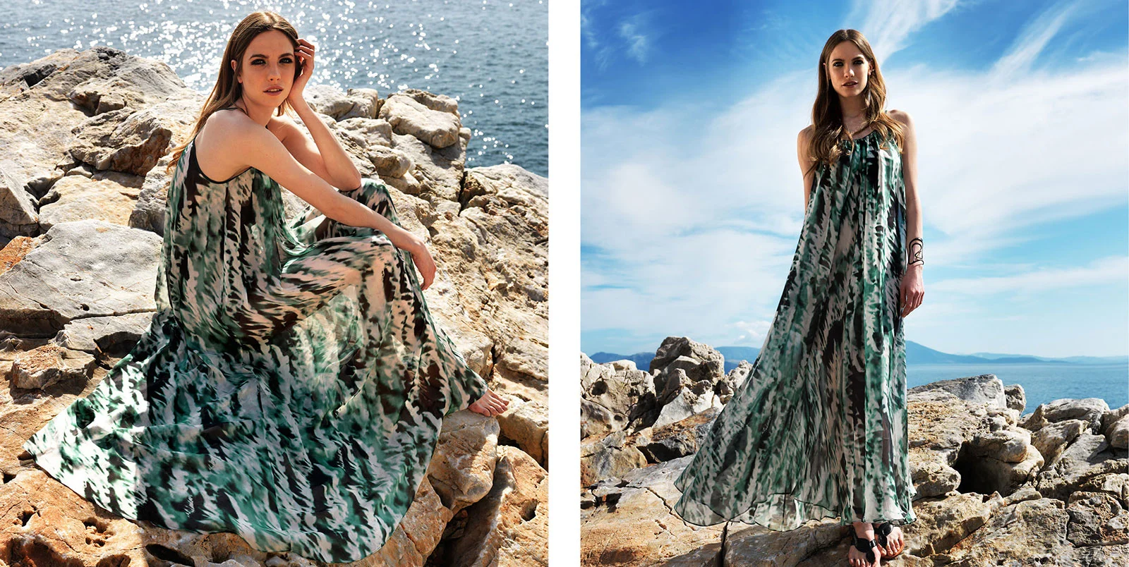 “Eva” dress. 100% silk chiffon floor length dress in marble green (C101)