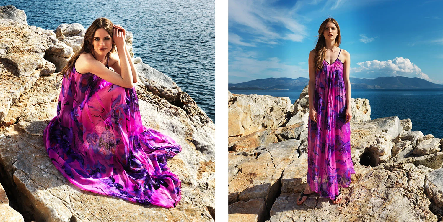 100% silk chiffon floor length dress in bright pink with mauve flower print (C102)