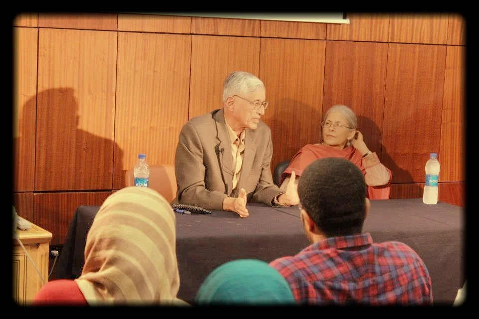 Rajmohan and Usha Gandhi in a workshop at the Alexandria Library with Egyptian youth, 2012