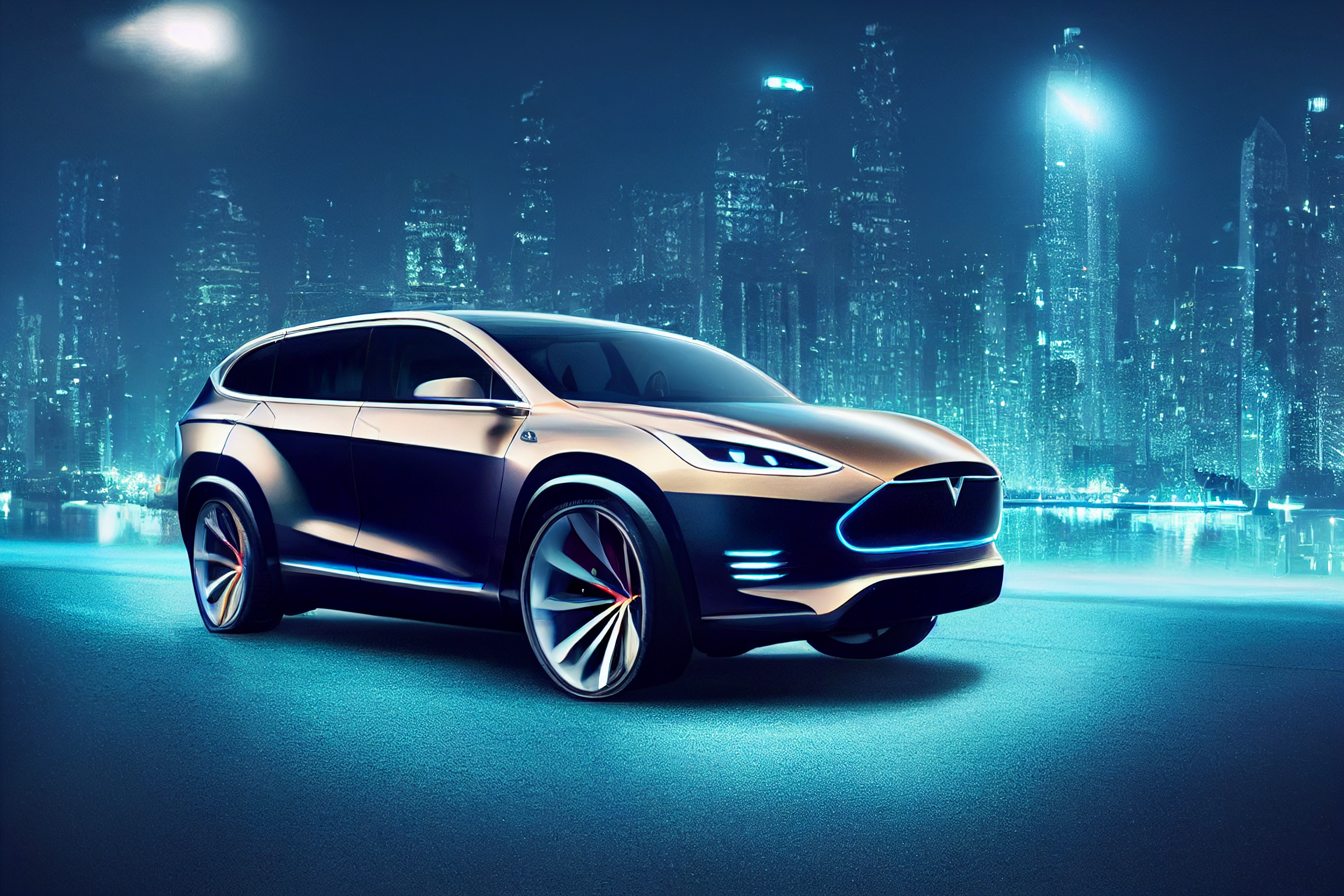 /imagine tesla combined with toyota highlander at night, in the style of tron, photorealistic, --3:2 --testp