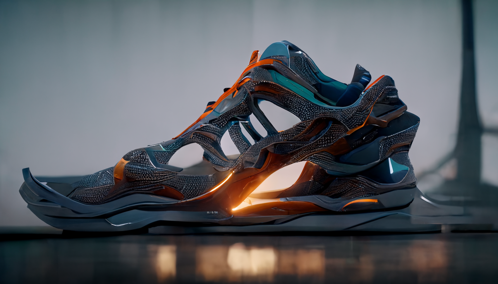 /imagine running shoes on a stand, inspired by zaha hadid, very detailed, hyperrealistic, octane render, unreal engine, --hd