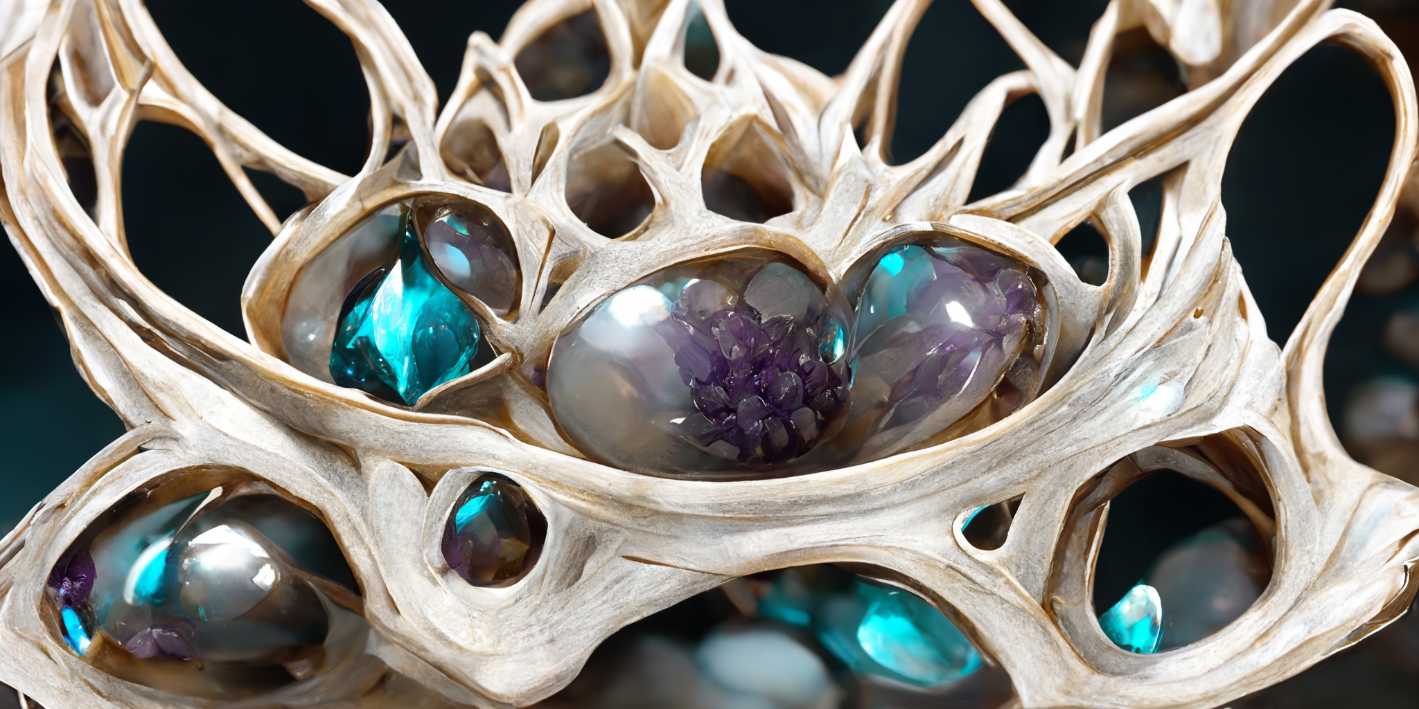 /imagine necklace in the shape of  radiolaria with three gems, very detailed, hyper realistic, unreal engine, octane render