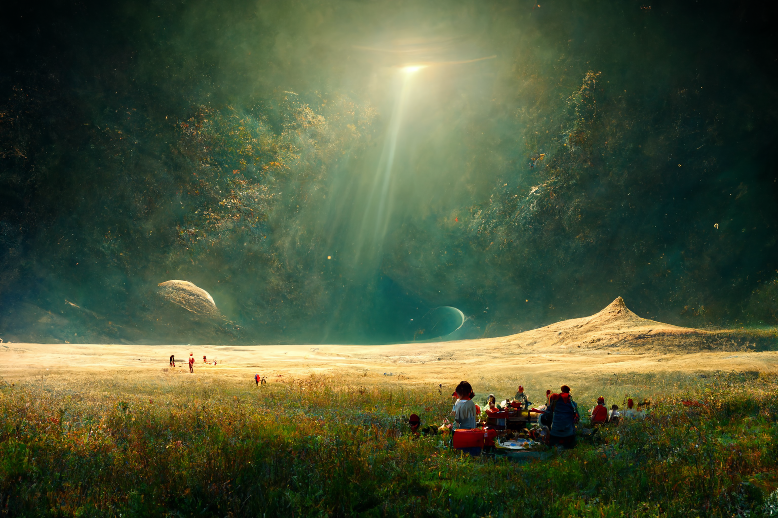 /imagine photo of a picnic in a national park in the planet saturn, highly detailed, landscape, volumetric light --ar 3:2 