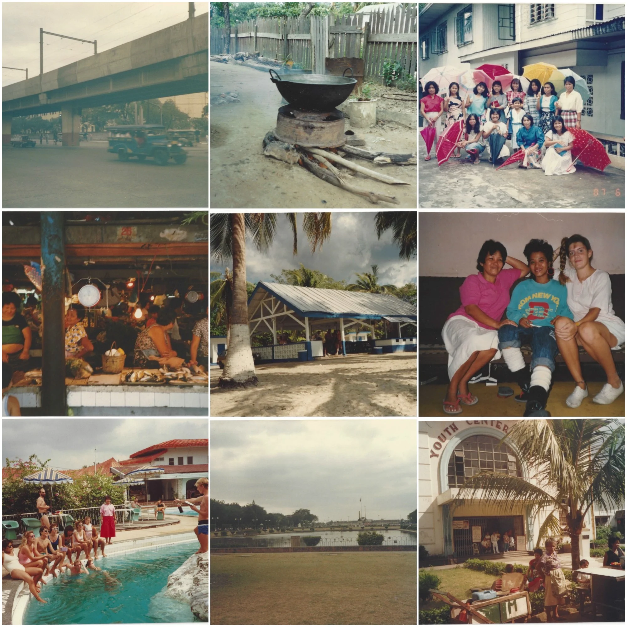 Memories of my Philippines Trip Photo Credit: Michelle Somers Top to Bottom 1st Row : Jeepneys driving by, a cooking pot, the beautiful women we met 2nd Row: The Olongapo City Market, Beach part of the navy base in Olongapo, (Thelma, Amy and I), 3rd Row: White Rock, Rizal Park in Manilla, Manilla Youth Centre