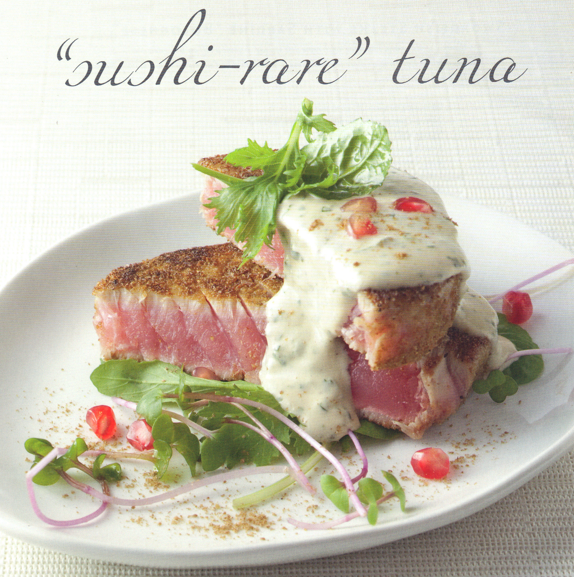 Grilled Tuna with Lemony Tahina, Greens & Pomegranate Seeds